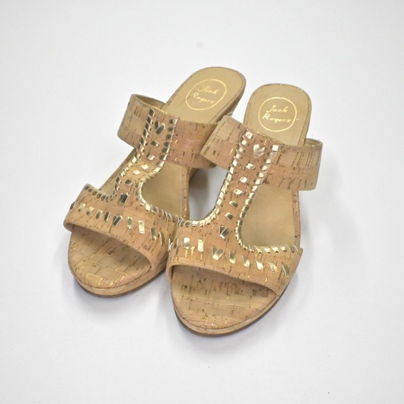 JACK ROGERS Sandals Womens Size 11 Cork Gold Metallic Leather Nora Wedge Slide - Picture 1 of 11